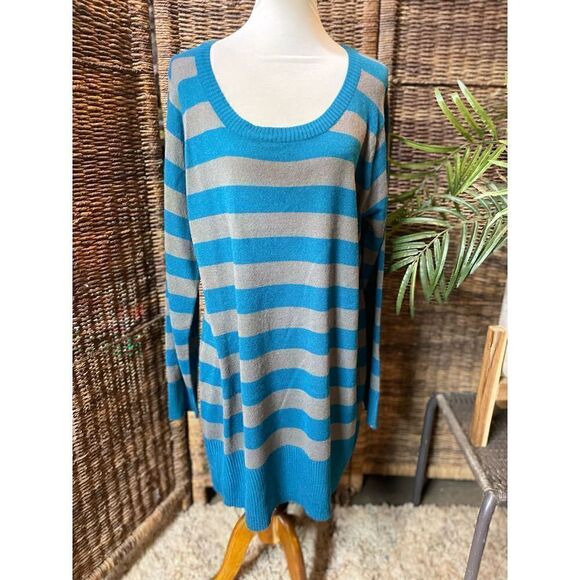 Extra Touch Teal Green/Blue Gray Striped Scoop Neck Long Sleeve Sweater/Dress 2X - Picture 1 of 8
